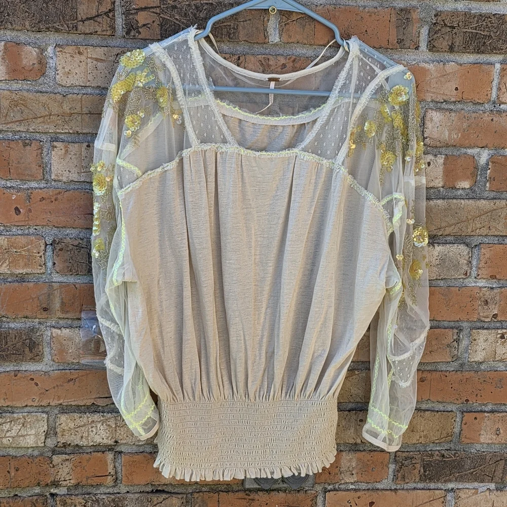 Free People Cream Blouse with Gold Embroidery